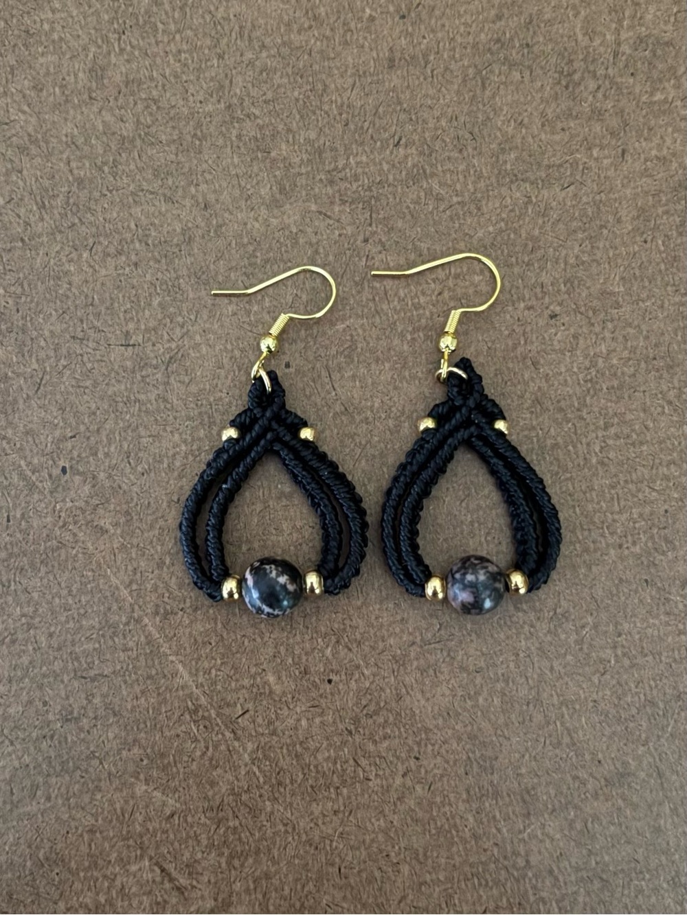 Handmade Black Macramé Teardrop Earrings with Bead Accents